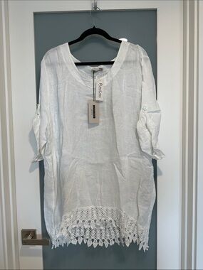 Lungo L’Arno Pure Linen  White  Crochet-Hem Tunic shirt blouse cover up 2X